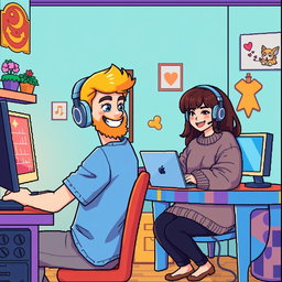 A charming retro pixel art scene depicting a cute couple engaged in online gaming from their separate rooms