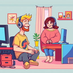 A charming retro pixel art scene depicting a cute couple engaged in online gaming from their separate rooms