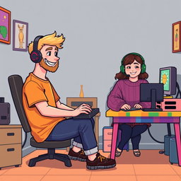 A charming retro pixel art scene depicting a cute couple engaged in online gaming from their separate rooms