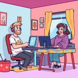 A charming retro pixel art scene depicting a cute couple engaged in online gaming from their separate rooms