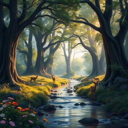 A beautifully detailed scene of a tranquil forest in the early morning