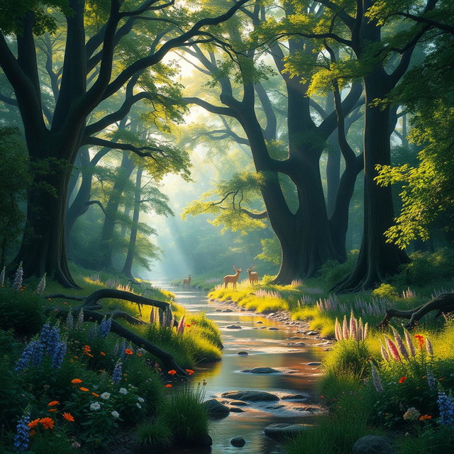 A beautifully detailed scene of a tranquil forest in the early morning