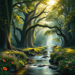 A beautifully detailed scene of a tranquil forest in the early morning