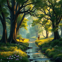 A beautifully detailed scene of a tranquil forest in the early morning