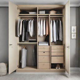 An elegantly designed and well-organized wardrobe filled with a variety of fashionable clothing.