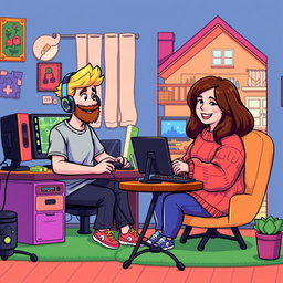 A charming retro pixel art illustration of a cute couple engaged in online gaming while being in separate rooms and houses