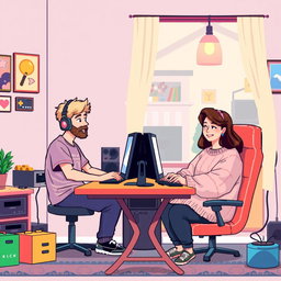 A charming retro pixel art illustration of a cute couple engaged in online gaming while being in separate rooms and houses
