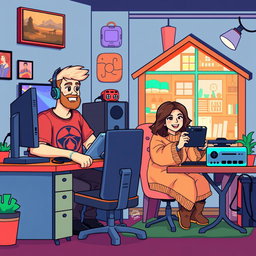 A charming retro pixel art illustration of a cute couple engaged in online gaming while being in separate rooms and houses