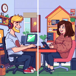 A charming retro pixel art illustration of a cute couple engaged in online gaming while being in separate rooms and houses