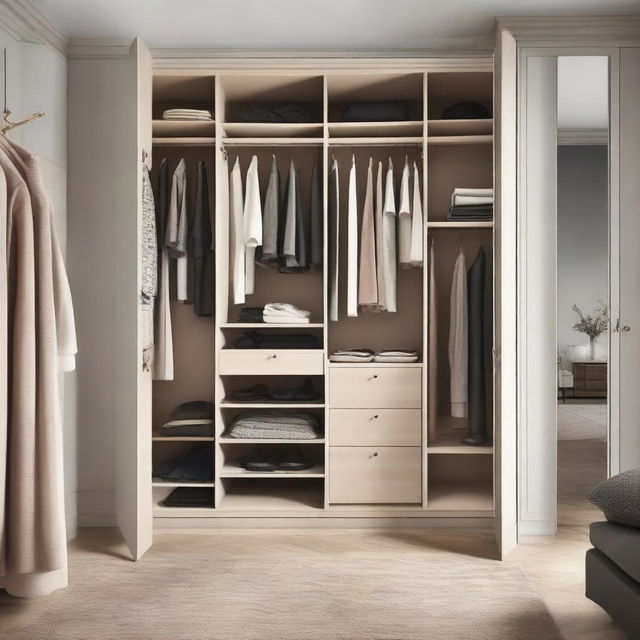 An elegantly designed and well-organized wardrobe filled with a variety of fashionable clothing.