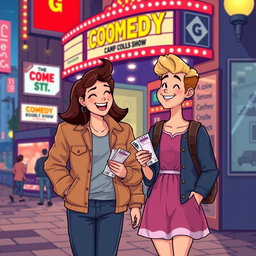 A delightful retro pixel art illustration of a cute couple attending a comedy show