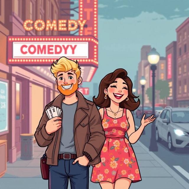 A delightful retro pixel art illustration of a cute couple attending a comedy show