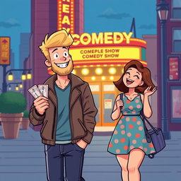 A delightful retro pixel art illustration of a cute couple attending a comedy show