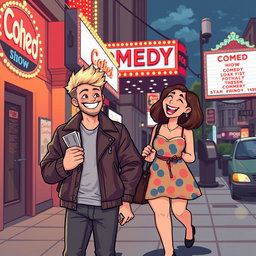 A delightful retro pixel art illustration of a cute couple attending a comedy show