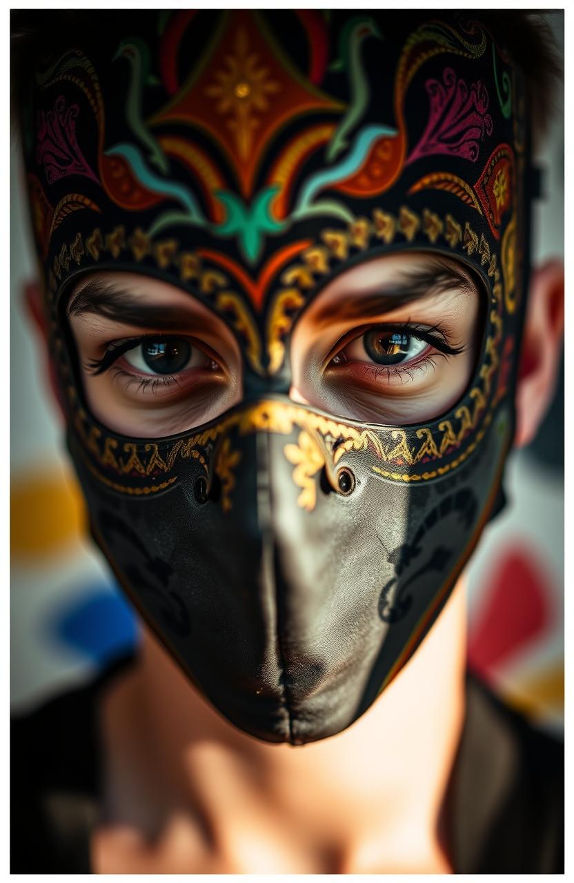 A close-up portrait of a human face wearing an artistic mask, capturing the intricate details of the mask's design and the expression of the eyes behind it