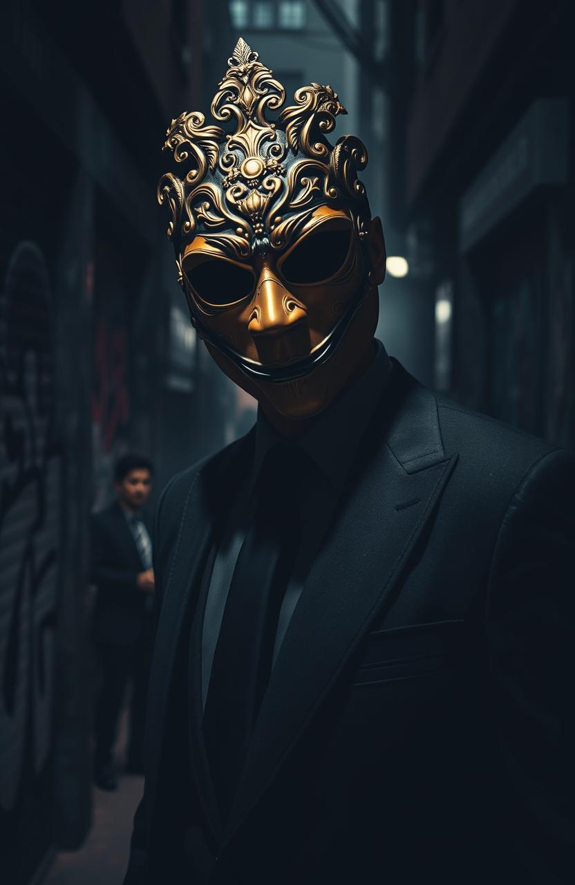 A mysterious man wearing an ornate mask, standing in a shadowy urban alleyway
