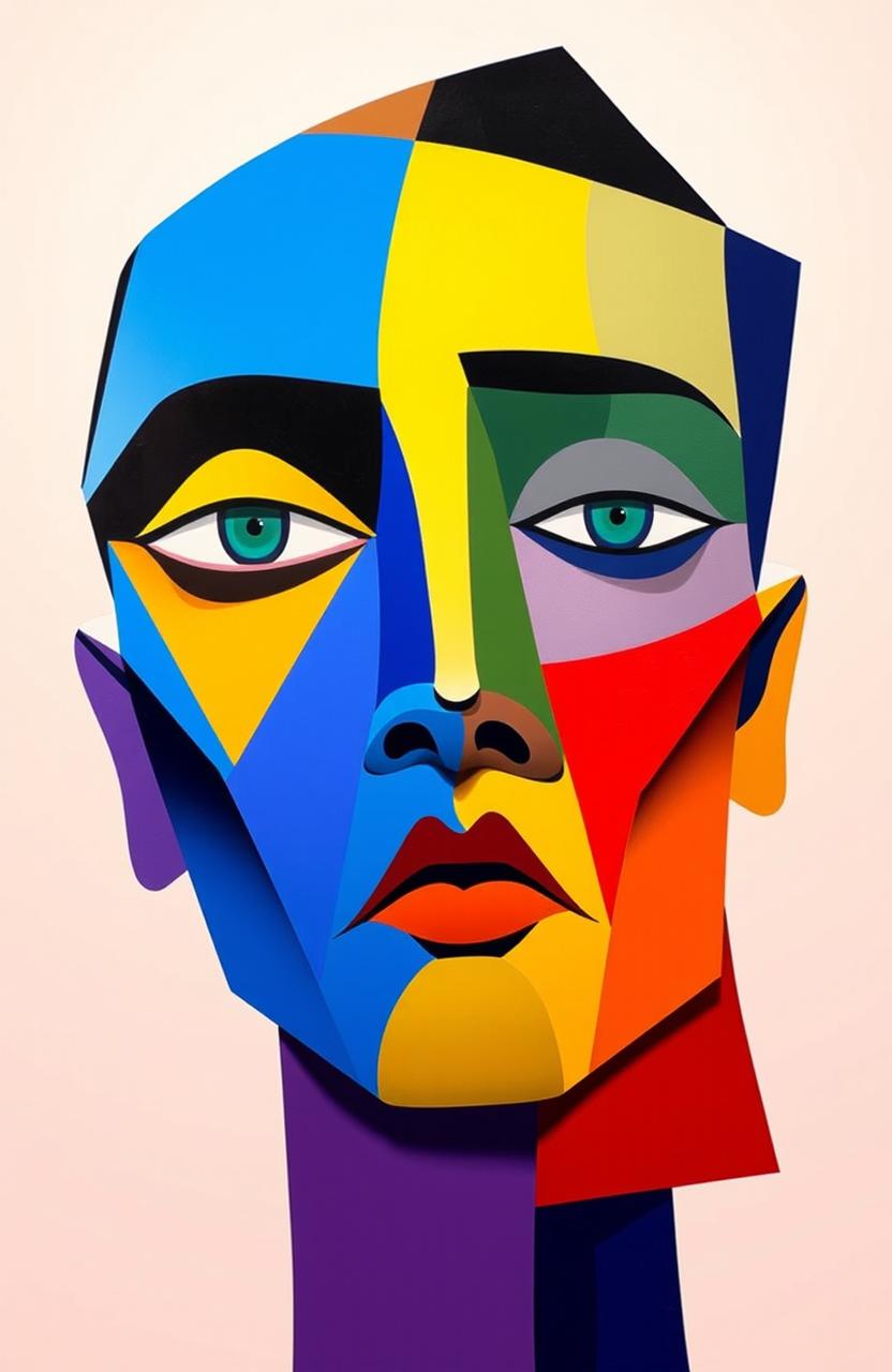 An abstract representation of a human face, featuring bold geometric shapes and vibrant colors, blending elements of cubism and surrealism