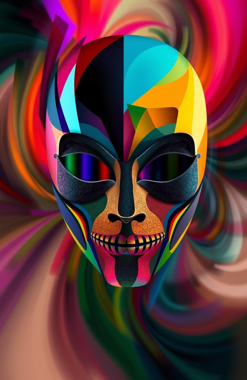 An abstract representation of a masked face, with vivid colors and geometric shapes seamlessly blending together