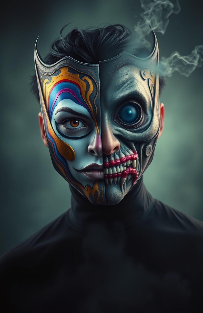 A visually striking image of a person wearing a deceptive mask that has exaggerated features, blending realism and surrealism