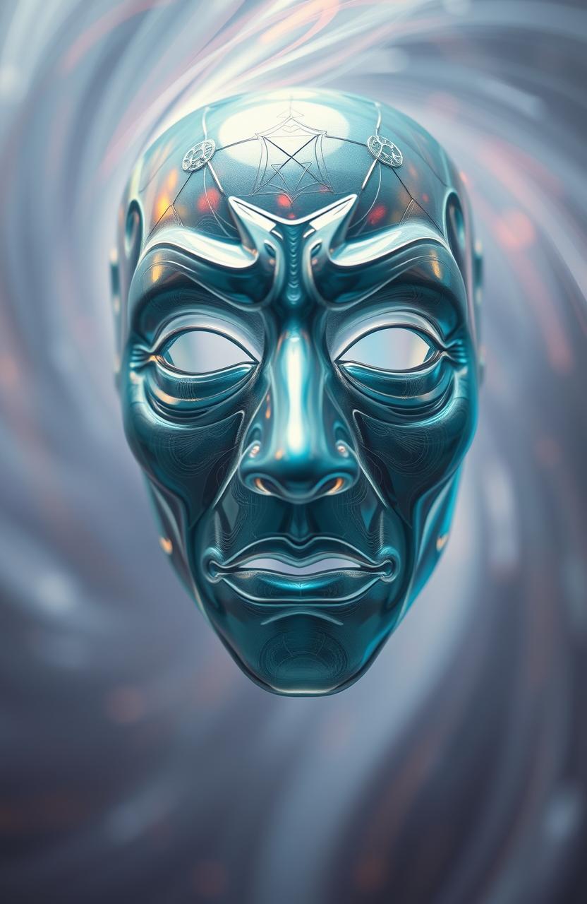 An abstract representation of a deceptive human mask, featuring intricate details that blend realism and surrealism