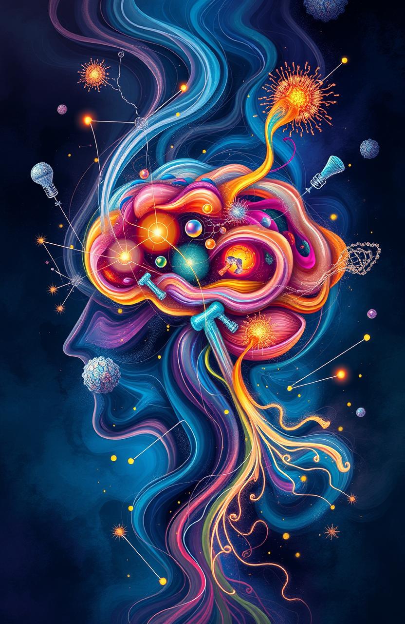 An abstract representation of the human mind, featuring swirling colors and shapes that symbolize thoughts, emotions, and creativity