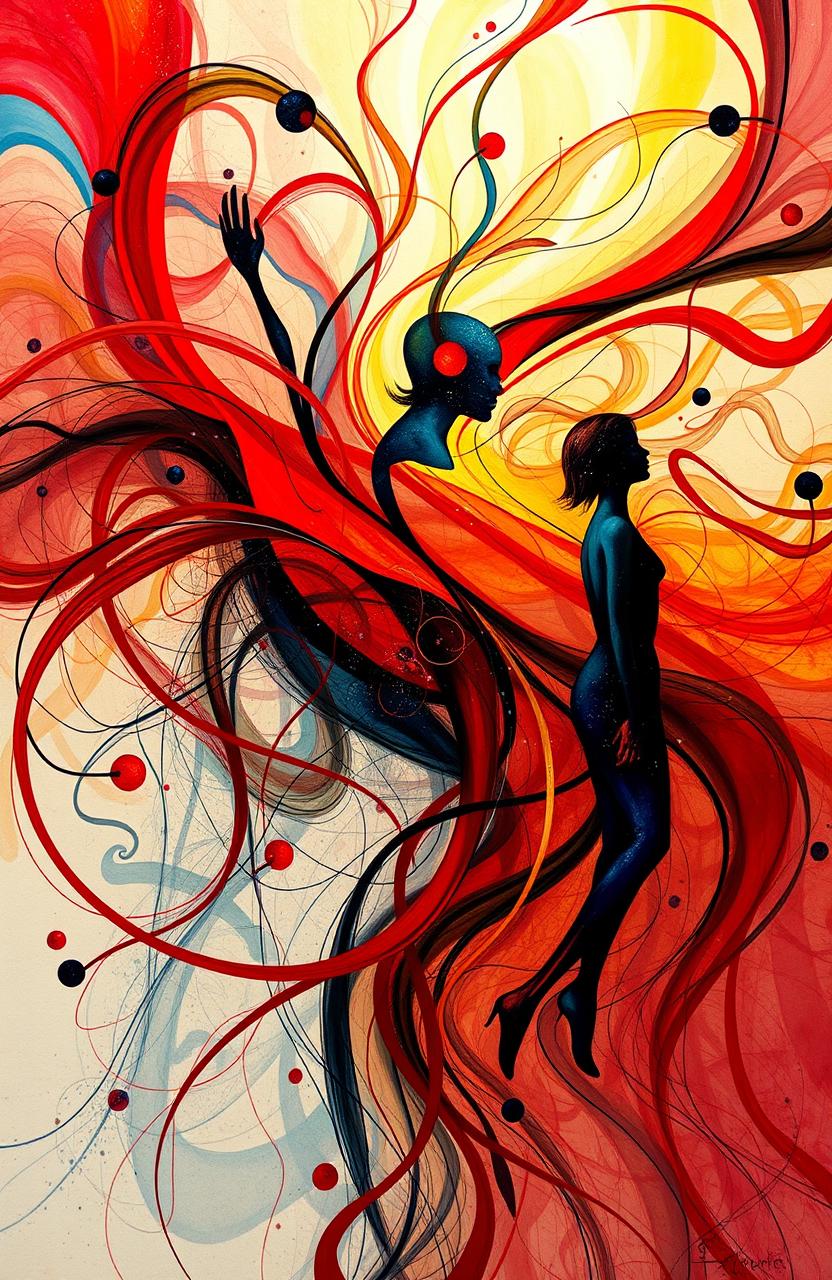 An abstract representation of human nature, showcasing a swirling mix of vibrant colors and shapes that symbolize emotions like love, fear, joy, and sadness