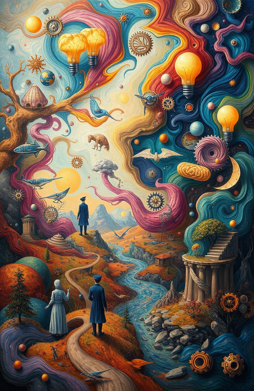 A surreal and imaginative depiction of human mind subjectivity, showcasing a vibrant abstract landscape filled with diverse thought patterns and emotions