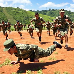 A dynamic scene depicting Indonesian Army soldiers engaged in various physical exercises outdoors