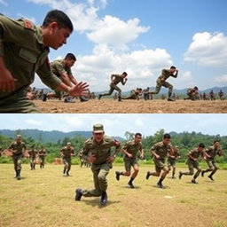 A dynamic scene depicting Indonesian Army soldiers engaged in various physical exercises outdoors