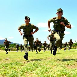 A dynamic scene depicting Indonesian Army soldiers engaged in various physical exercises outdoors