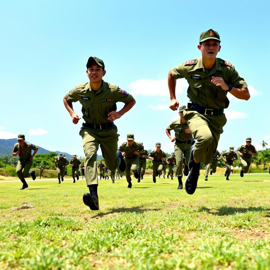 A dynamic scene depicting Indonesian Army soldiers engaged in various physical exercises outdoors