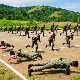 A dynamic scene depicting Indonesian Army soldiers engaged in various physical exercises outdoors