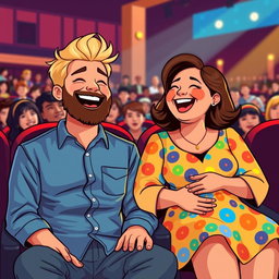 A cute retro pixel art illustration featuring a joyful couple sitting in seats at a comedian's show, both laughing heartily