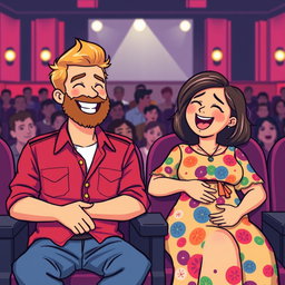 A cute retro pixel art illustration featuring a joyful couple sitting in seats at a comedian's show, both laughing heartily