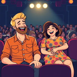 A cute retro pixel art illustration featuring a joyful couple sitting in seats at a comedian's show, both laughing heartily