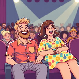 A cute retro pixel art illustration featuring a joyful couple sitting in seats at a comedian's show, both laughing heartily