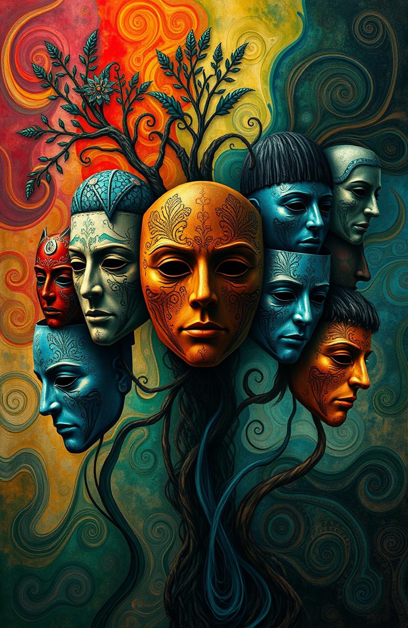 An abstract representation of the masked nature of humanity, incorporating elements such as a faceless human figure surrounded by various masks symbolizing different emotions and identities