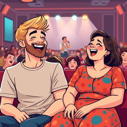 A cute retro pixel art illustration depicting a joyful couple at a comedian show, both laughing exuberantly