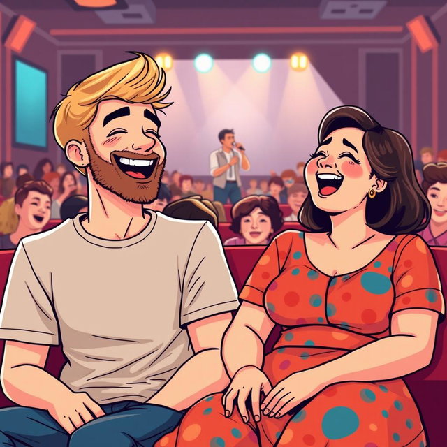 A cute retro pixel art illustration depicting a joyful couple at a comedian show, both laughing exuberantly