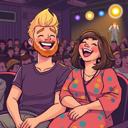 A cute retro pixel art illustration depicting a joyful couple at a comedian show, both laughing exuberantly