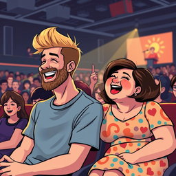 A cute retro pixel art illustration depicting a joyful couple at a comedian show, both laughing exuberantly