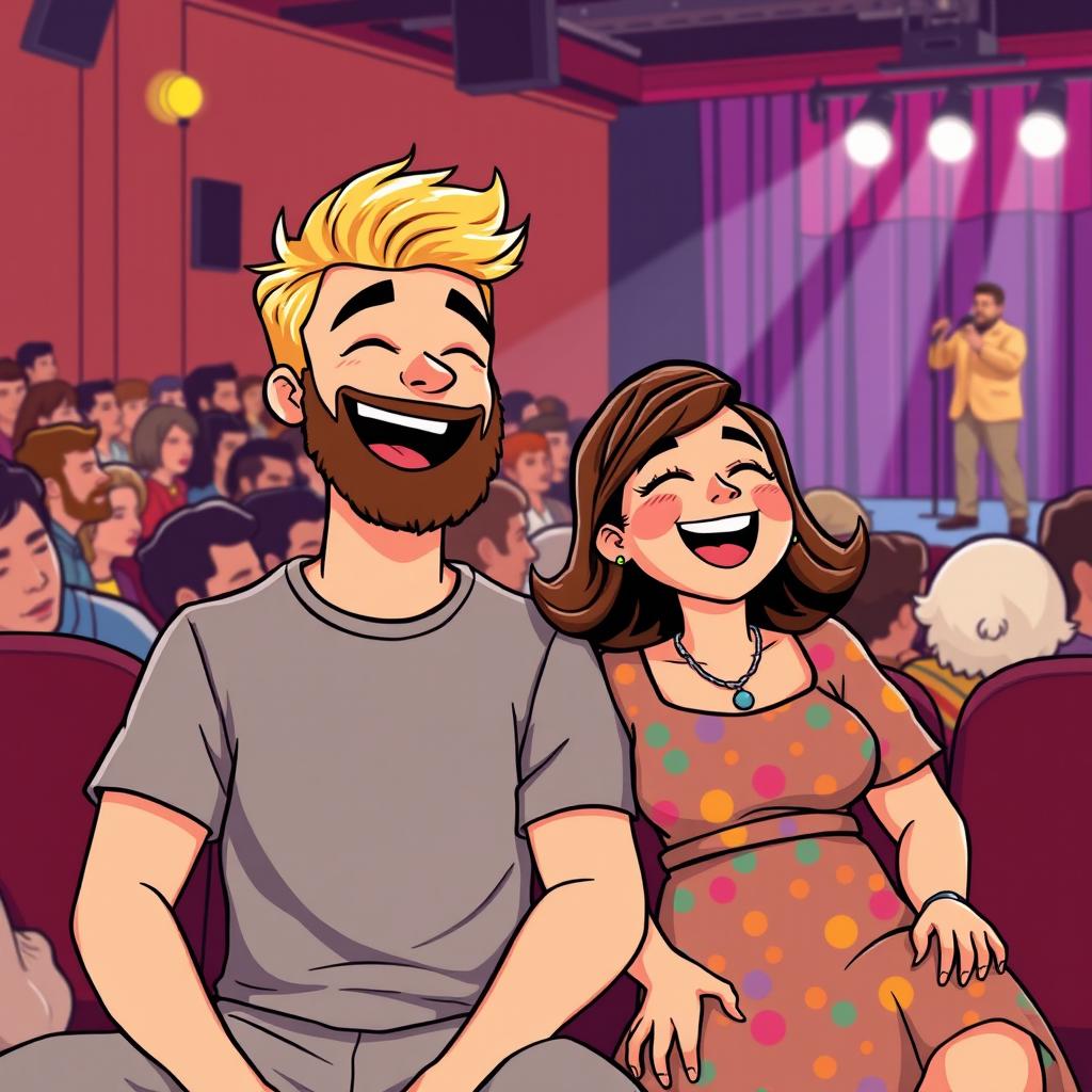 A cute retro pixel art illustration depicting a joyful couple at a comedian show, both laughing exuberantly