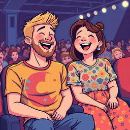 A charming retro pixel art illustration depicting a cute couple sitting in seats at a comedian show, both laughing heartily