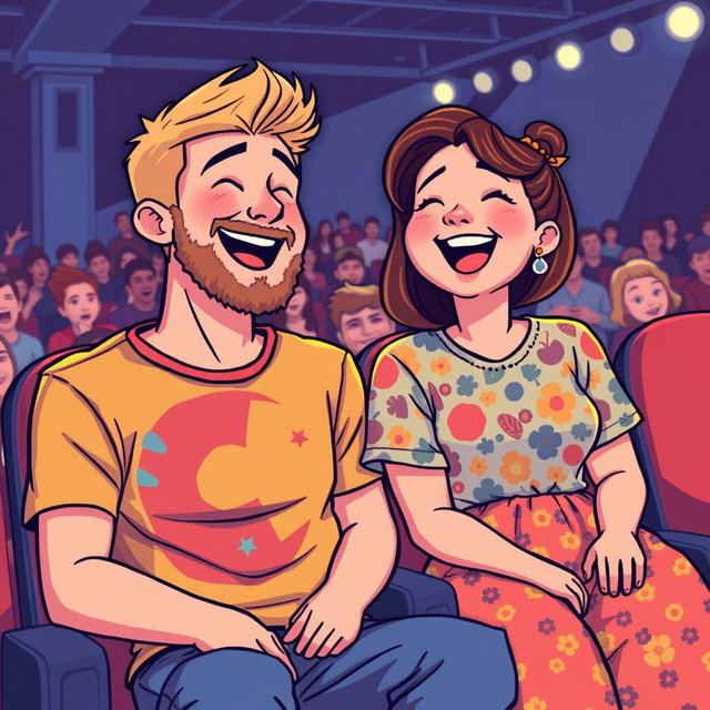 A charming retro pixel art illustration depicting a cute couple sitting in seats at a comedian show, both laughing heartily