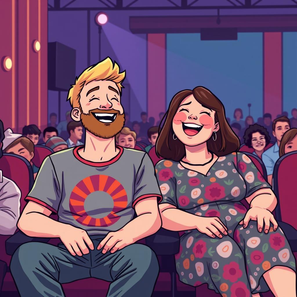 A charming retro pixel art illustration depicting a cute couple sitting in seats at a comedian show, both laughing heartily