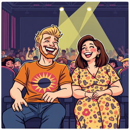 A charming retro pixel art illustration depicting a cute couple sitting in seats at a comedian show, both laughing heartily