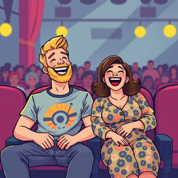 A charming retro pixel art illustration depicting a cute couple sitting in seats at a comedian show, both laughing heartily