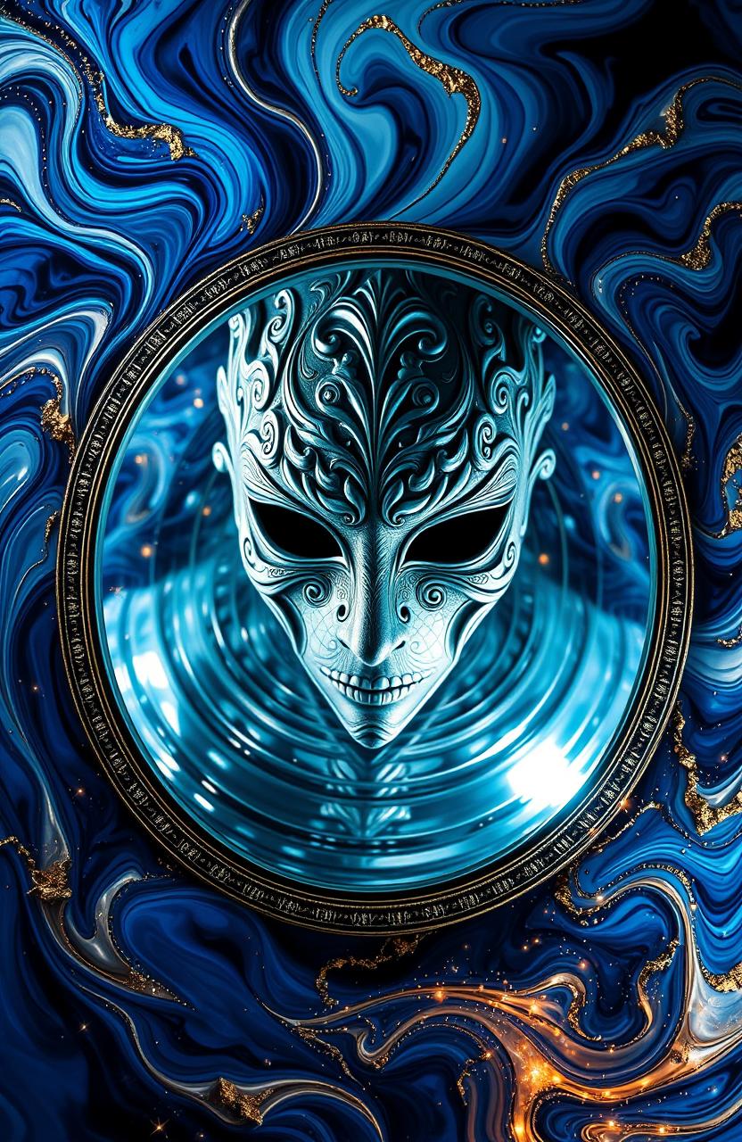 An abstract depiction of a mask reflected in a mirror, showcasing swirling colors and shapes that distort reality