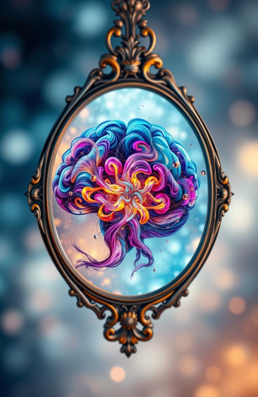 An abstract interpretation of a mind reflected in a mirror, featuring swirling thoughts and vibrant colors like blues, purples, and golds