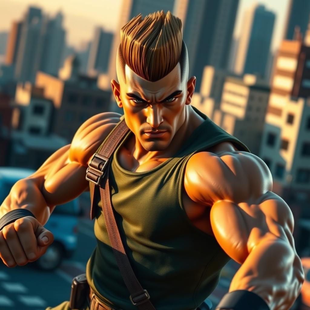 A powerful and determined soldier named Guile, featuring a distinct flat-top hairstyle and wearing a military green tank top